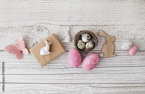 easter eggs on rustic wooden background