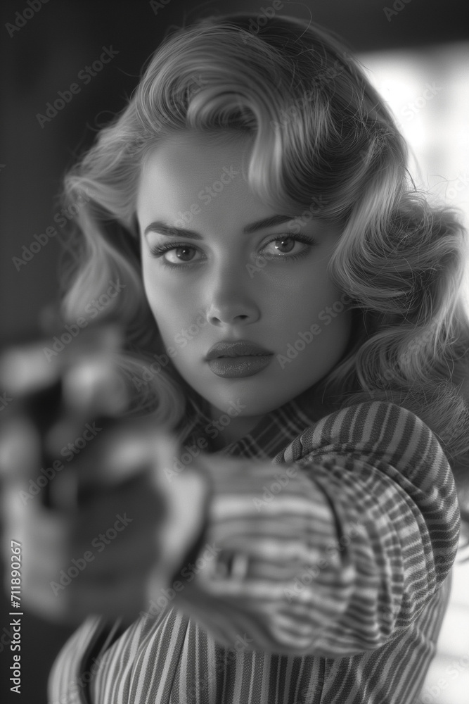 A femme fatale holding a gun in 40's noir style. A femme fatale holding a gun in 40's noir style.