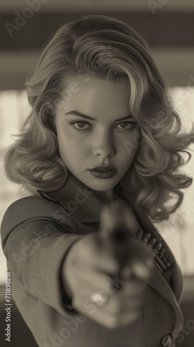 A femme fatale holding a gun in 40's noir style. 