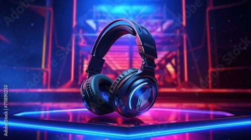 3d rendering of headphones in neon light background, Music concept, Ai Generated photo