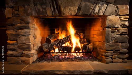 Crackling fire in a charming stone fireplace creating a cozy and inviting ambiance