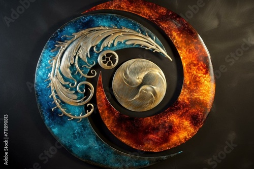 Dynamic artwork featuring a swirling cyclone of fire and ice with a captivating spiral and a harmonious yin yang symbol. Generative AI