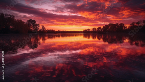 Sunset over water, reflecting vibrant colors in tranquil nature scene generated by AI