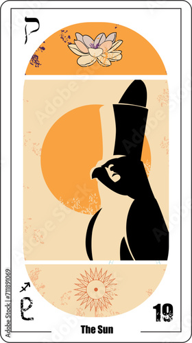 Egyptian tarot card number nineteen called The Sun. Illustration of a falcon next to the solar disk with warm colors.