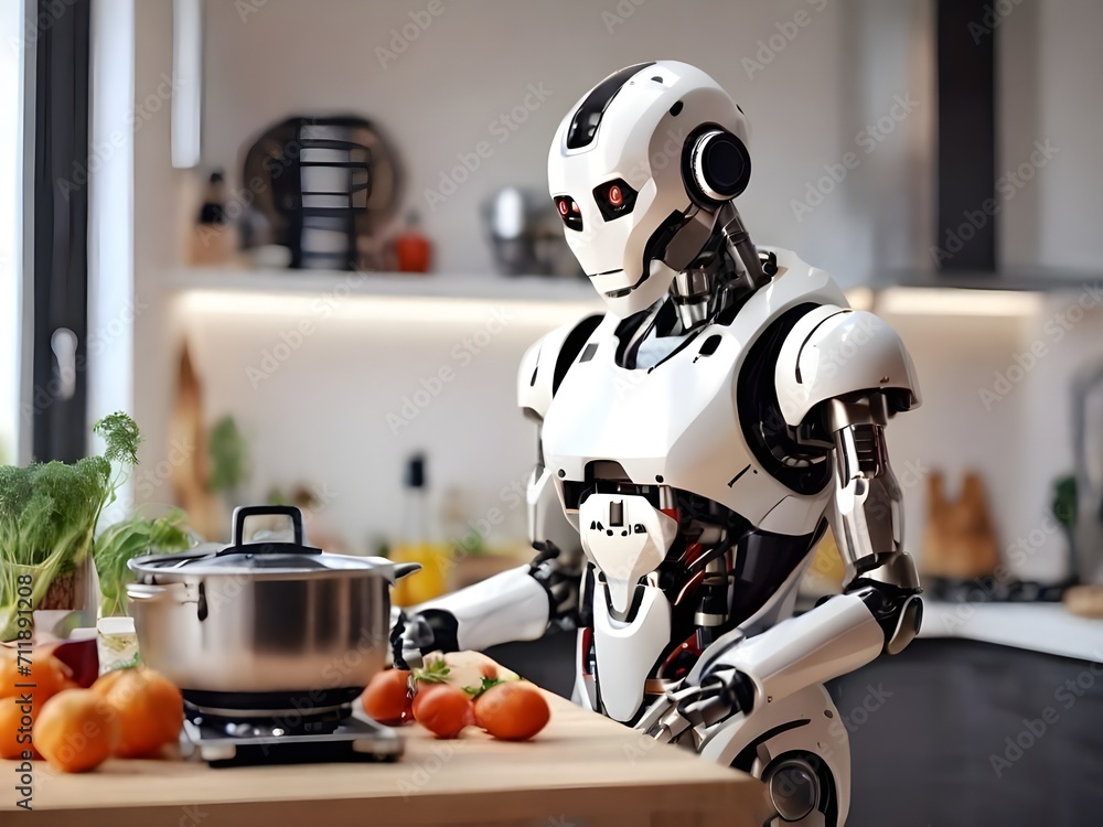 Roboter kocht Essen in der Küche - obrazy, fototapety, plakaty 