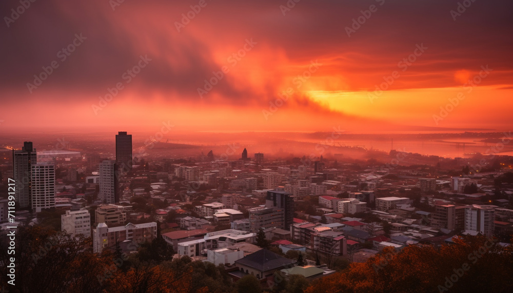 Sunset over cityscape, autumn dusk, skyscrapers illuminate urban skyline at night generated by AI