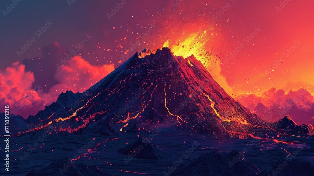 A fiery mountain unleashes its molten fury, painting the sky with a blazing sunset and reminding us of the raw power of nature