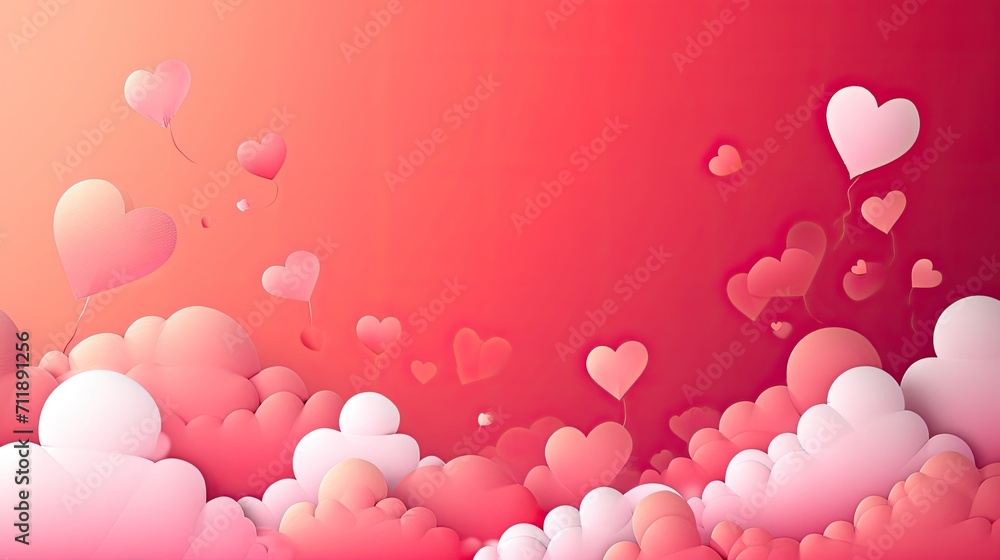 An ethereal display of love and joy, as colorful hearts dance among the clouds, adorned with soft pink balloons, creating a dreamy party supply for the heartwarming celebration