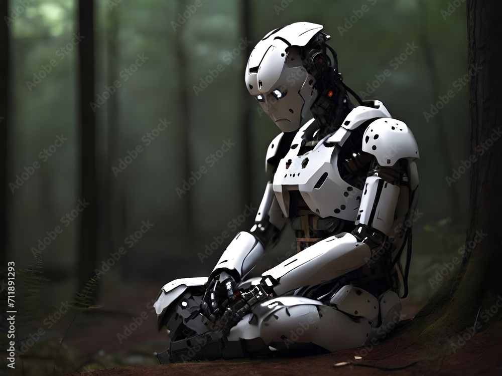 Einsamer Roboter sitzt alleine im Wald - obrazy, fototapety, plakaty 
