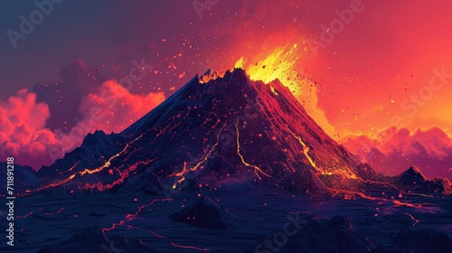 A fiery mountain unleashes its molten fury  painting the sky with a blazing sunset and reminding us of the raw power of nature