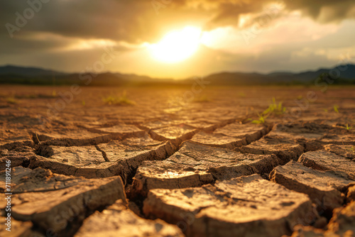 Drought-stricken landscapes, an image depicting the impact of a prolonged drought with dry landscapes, cracked earth.