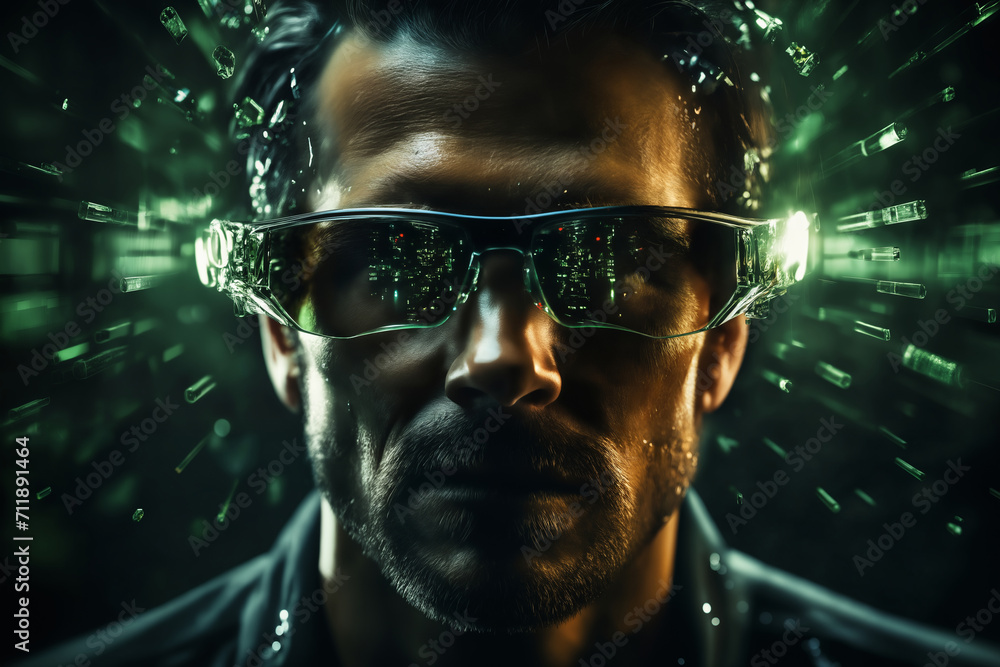 a man portrait with green holography lights particles on his face and a digital code and lights on black background, cybernetics, computer rendering, sci-fi, cyber art