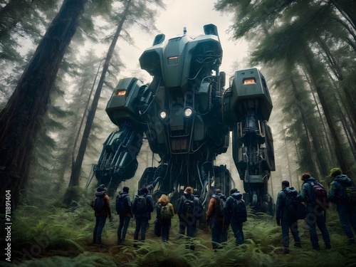 Gigantischer Roboter begegnet Menschen im Wald