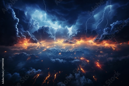 dramatic stormy sky with lightning and dark cumulus clouds aerial view for abstract background