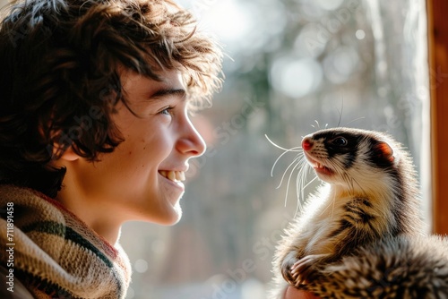 A joyful child embraces the wild, holding a furry meerkat in a sunny outdoor portrait, showcasing the bond between humans and animals photo