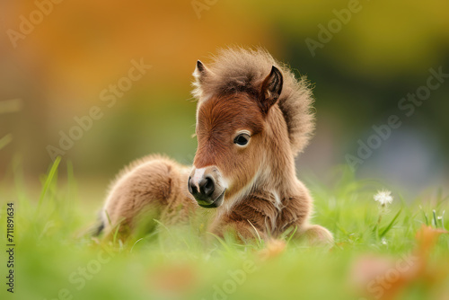 Foal mini horse Falabella on grass