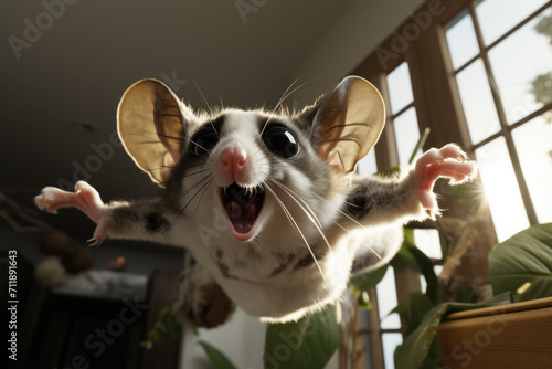 A playful and mischievous sugar glider gliding from one branch to another, adding an element of excitement to its owner's home. Concept of sugar glider acrobatics. Generative Ai.