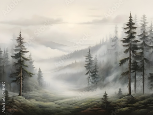 Illustration einer hügeligen Waldlandschaft mit Dunst und Nebel © pit24