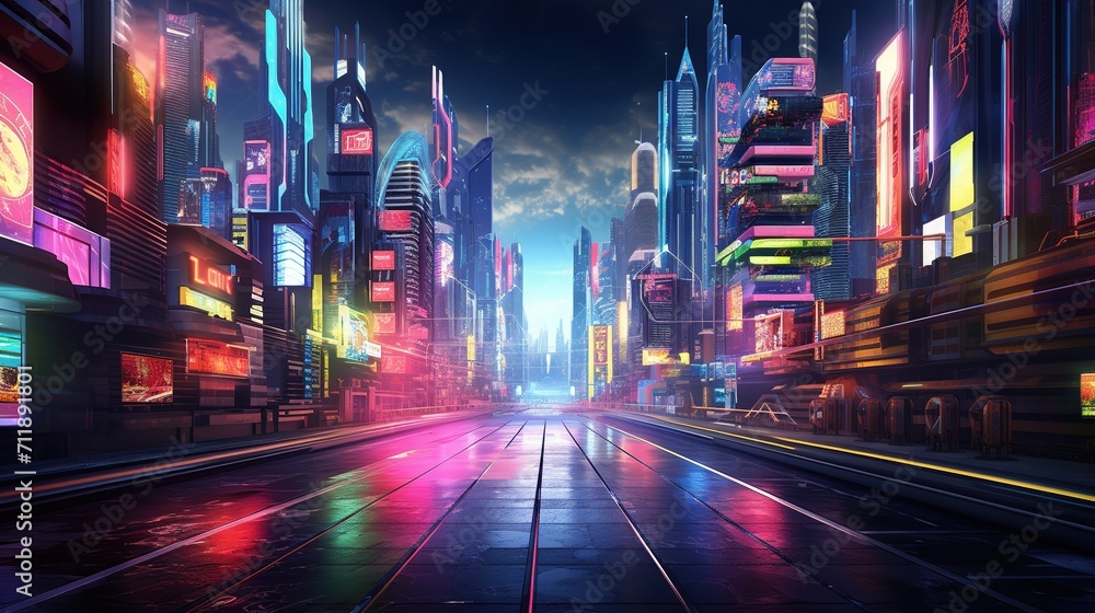 Futuristic city at night with light trails, 3d rendering, Ai Generated
