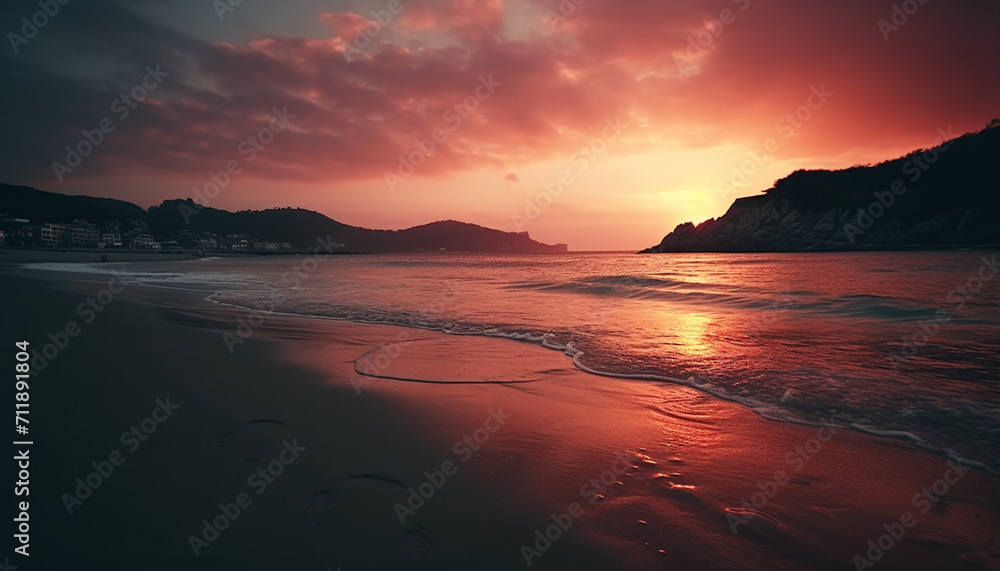 Sunset over the tranquil coastline, nature beauty reflected in water generated by AI