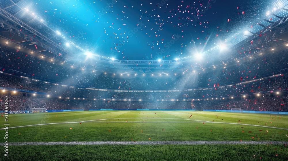 green soccer field under the glow of spotlights, the background of the winners green soccer field under the glow of spotlights, the background of the winners