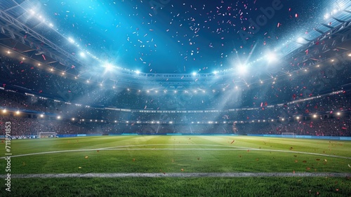 green soccer field under the glow of spotlights, the background of the winners © Anna