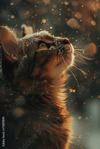 an adorable cat in the middle of a snowfall. The flakes fall delicately and create frost on their delicate fur. feeling of cold. winter has arrived. vertical composition