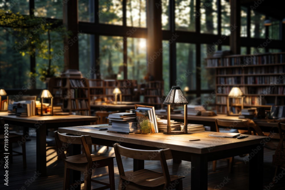 A quiet library bathed in the soft glow of desk lamps, offering a peaceful haven for those seeking knowledge and solitude. Concept of literary escape. Generative Ai.