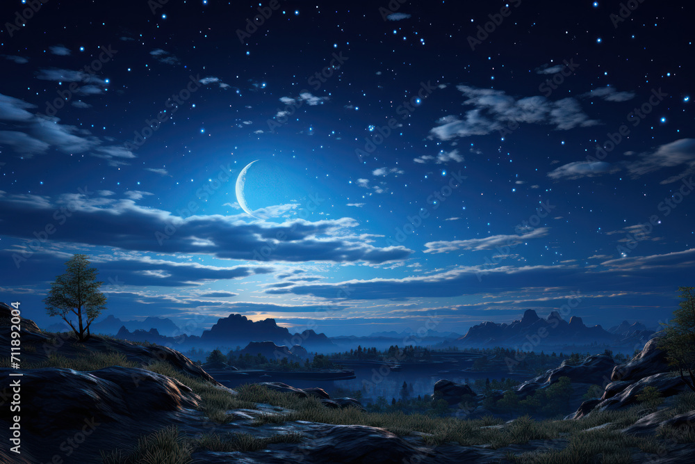 A starry night sky adorned with the gentle glow of the moon, portraying the serene beauty of the nighttime landscape. Concept of celestial calm. Generative Ai. A starry night sky adorned with the gentle glow of the moon, portraying the serene beauty of the nighttime landscape. Concept of celestial calm. Generative Ai.