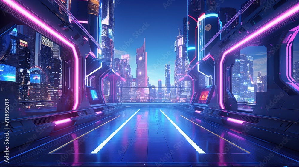 Futuristic corridor with glowing neon lights and cityscape at night, Ai Generated
