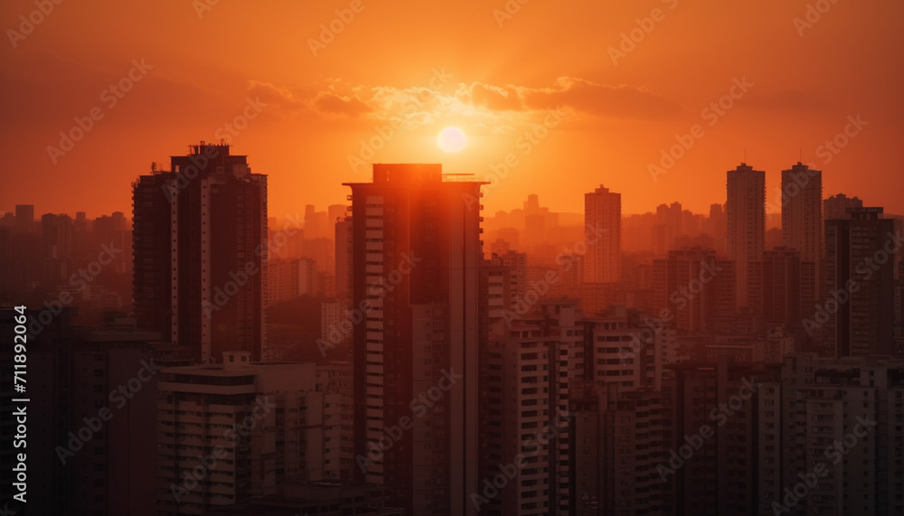 Silhouette of skyscrapers against a colorful sunset sky generated by AI