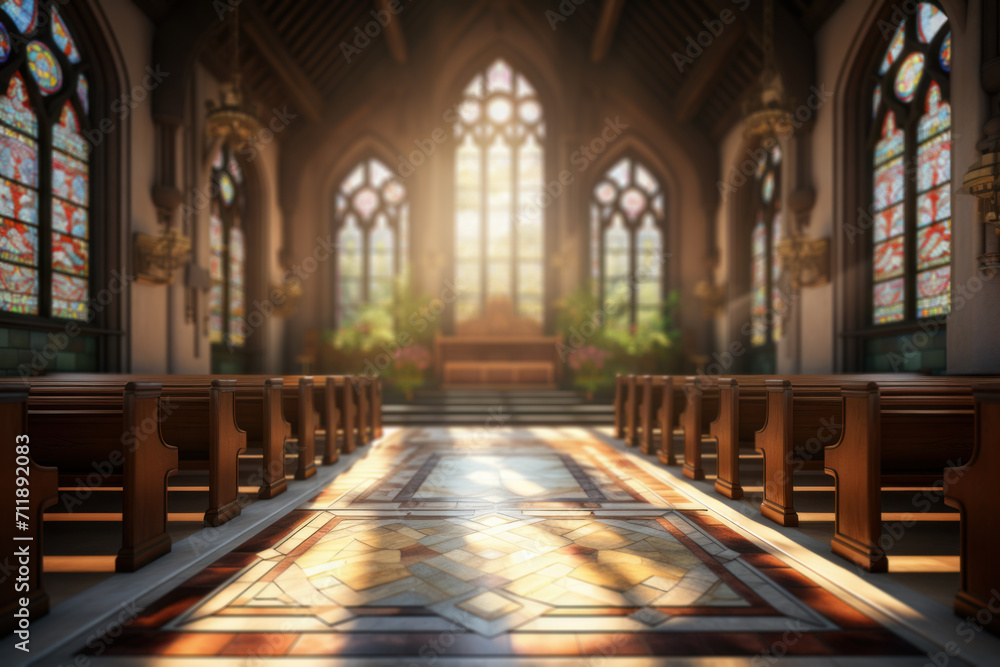 A quiet chapel with sunlight streaming through stained glass windows, creating a serene atmosphere for contemplation during midday. Concept of chapel tranquility. Generative Ai.