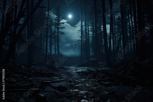 A moonlit forest with shadows playing on the ground, creating an enchanting atmosphere for nighttime exploration. Concept of nocturnal wonder. Generative Ai.