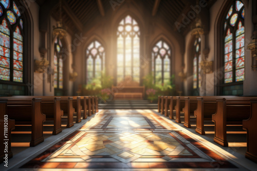 A quiet chapel with sunlight streaming through stained glass windows  creating a serene atmosphere for contemplation during midday. Concept of chapel tranquility. Generative Ai.