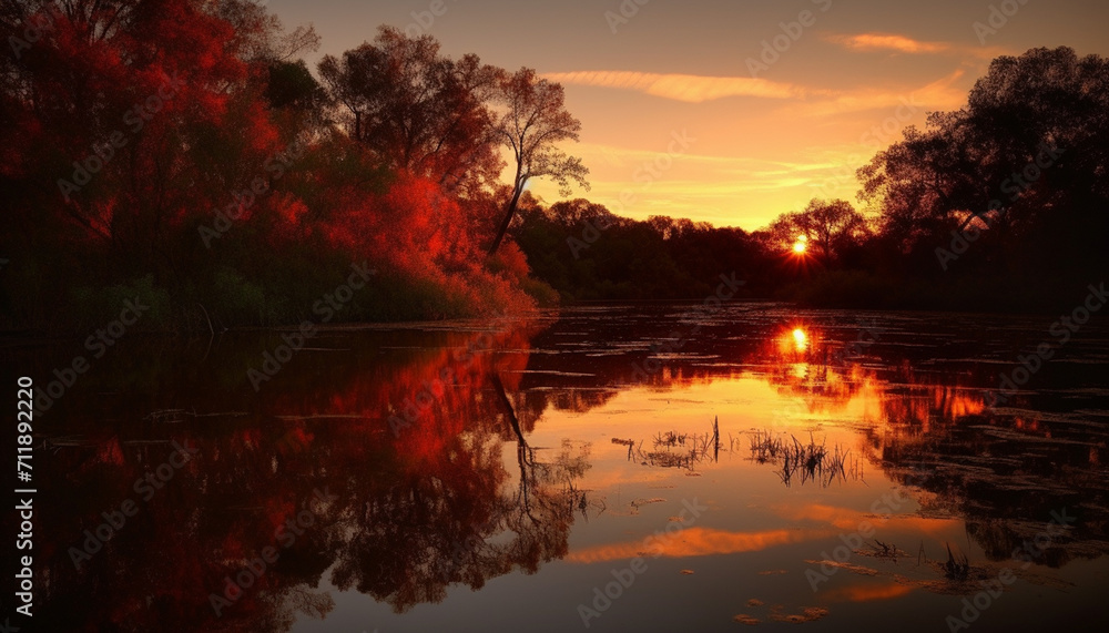 Nature sunset reflection paints a tranquil landscape of autumn beauty generated by AI