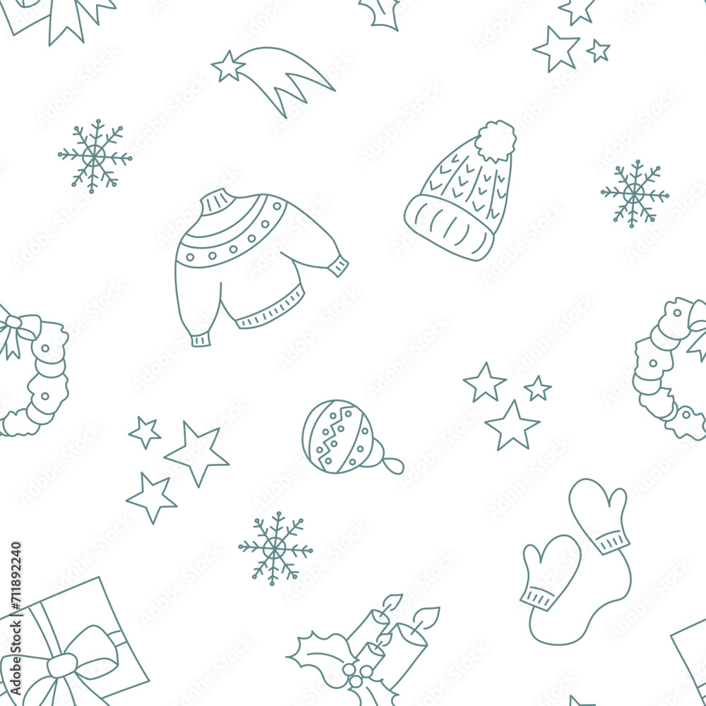 Vector illustration. Happy New Year and Merry Christmas backgraund with hand-drawn New Year and Christmas symbols in sketch style. Festive pattern for textiles, wallpaper, packaging, wrapping paper.