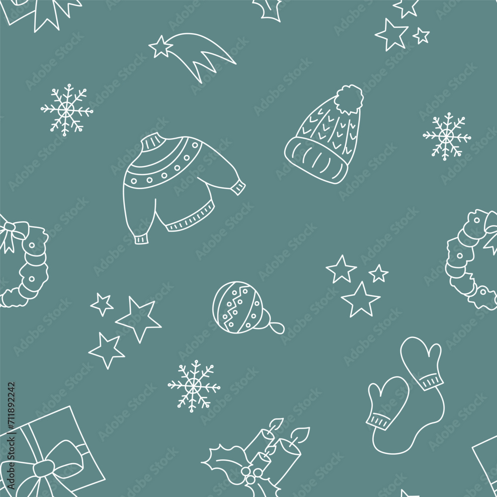 Vector illustration. Happy New Year and Merry Christmas backgraund with hand-drawn New Year and Christmas symbols in sketch style. Festive pattern for textiles, wallpaper, packaging, wrapping paper. Vector illustration. Happy New Year and Merry Christmas backgraund with hand-drawn New Year and Christmas symbols in sketch style. Festive pattern for textiles, wallpaper, packaging, wrapping paper.