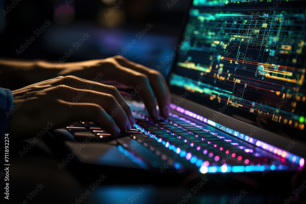 A software developer typing lines of code with focus and determination, symbolizing the intricate and innovative world of computer programming. Concept of technological advancement. Generative Ai. A software developer typing lines of code with focus and determination, symbolizing the intricate and innovative world of computer programming. Concept of technological advancement. Generative Ai.