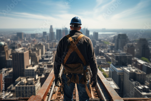 A construction worker atop a skyscraper, surveying the cityscape, exemplifying the hard work and craftsmanship involved in building urban landscapes. Concept of architectural progress. Generative Ai.