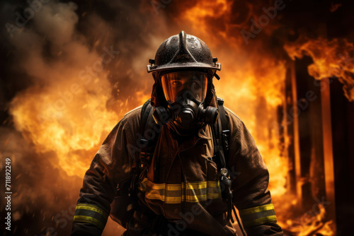 A firefighter in full gear bravely entering a burning building, emphasizing the courage and selflessness required in the face of danger. Concept of firefighting heroism. Generative Ai.