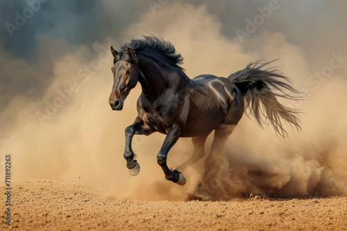 Black horse run gallop in dust desert © Kateryna