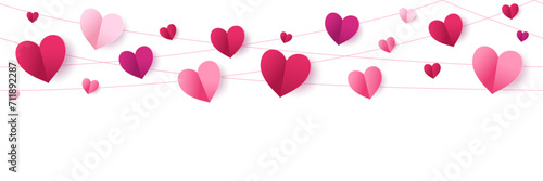 Pink hearts seamless decoration. Valentine's day frame, border. Wedding string ornaments isolated on transparent background. Mother's day garland. For banners, party posters. Vector.