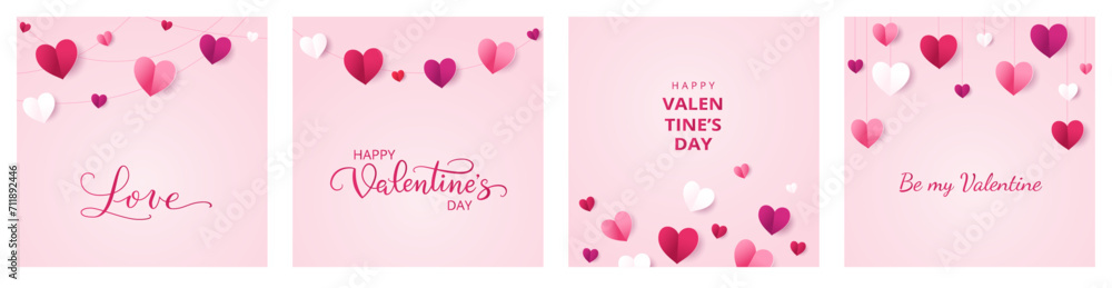 Valentine's Day banners. Festive decoration, red and white hearts string on pink background. Holiday frame, border. Square format for social media. Vector.