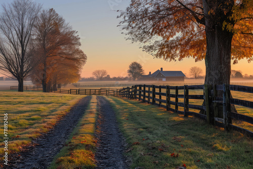 This image of a Kentucky thoroughbred horse farm was taken in the autumn at dawn. The location was near Lexington, Kentucky