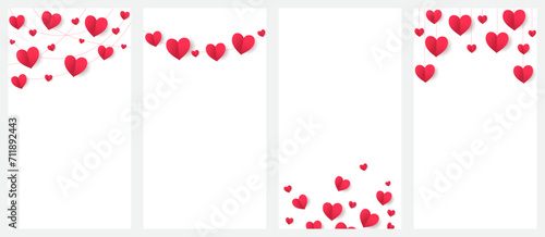 Red hearts decoration. Valentine's day frame, border. Wedding string ornaments isolated on transparent background. Mother's day garland. Vertical format for social media. Vector.