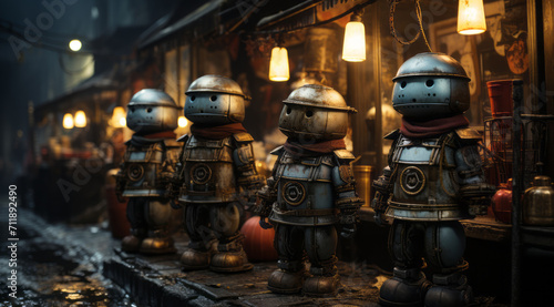 Funny figures of gloomy robots in dark silver armor stand in a row against the blurry background of a gloomy alley