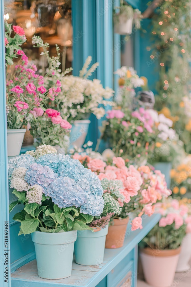 The exterior of a charming florist's shop is adorned with an array of colorful potted flowers, showcasing nature's palette in a cozy urban setting..