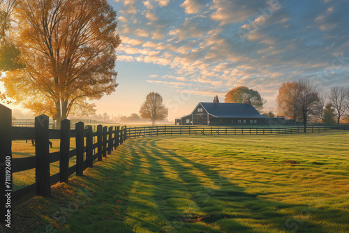 This image of a Kentucky thoroughbred horse farm was taken in the autumn at dawn. The location was near Lexington, Kentucky photo