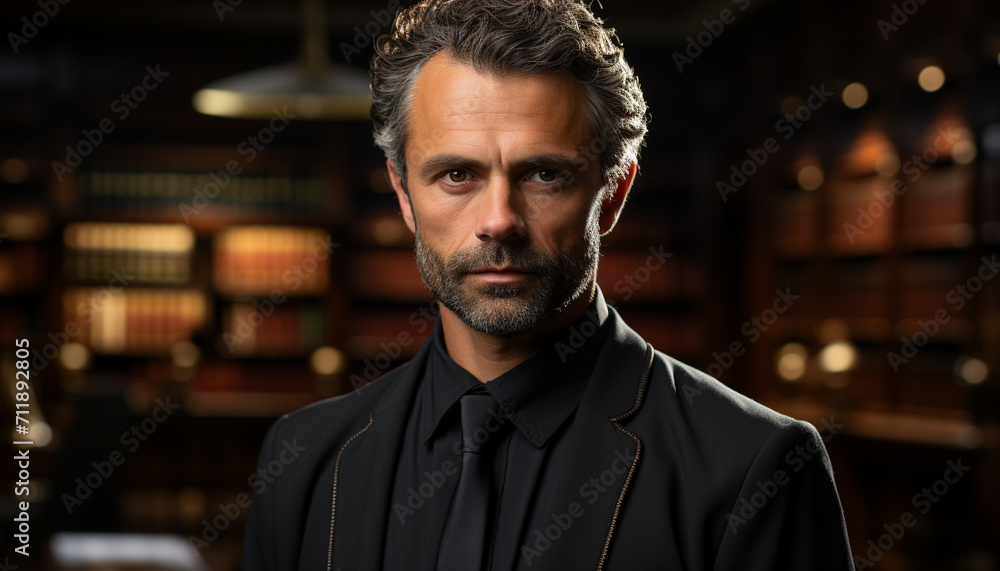 Fototapeta premium Confident adult businessman in library, holding book, looking at camera generated by AI