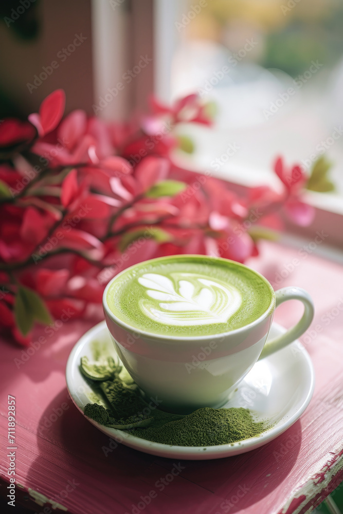 editorial close up photo of japanese green matcha latte with heart latte milk art in ceramic mug flower details on cafe coffee shop table with natural sunlight for alternative healthy beverage drinks editorial close up photo of japanese green matcha latte with heart latte milk art in ceramic mug flower details on cafe coffee shop table with natural sunlight for alternative healthy beverage drinks